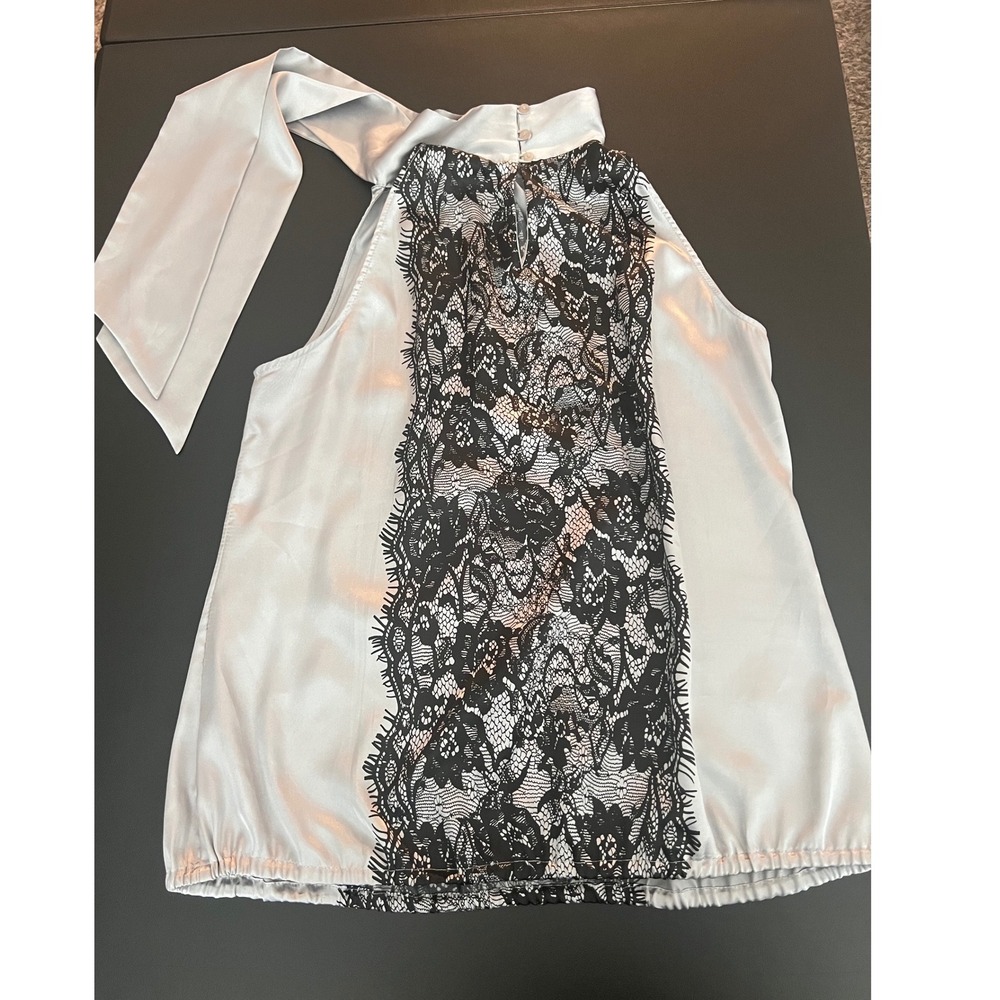 Ashley Stewart Silver Satin Halter Top Black Lace Panel Neck Tie 14W (1135) - Picture 2 of 14